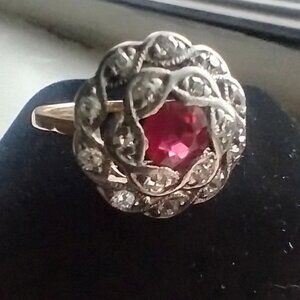 Antique White & Yellow Gold Diamond Ruby Star Set Art Deco Ring approx sz 7